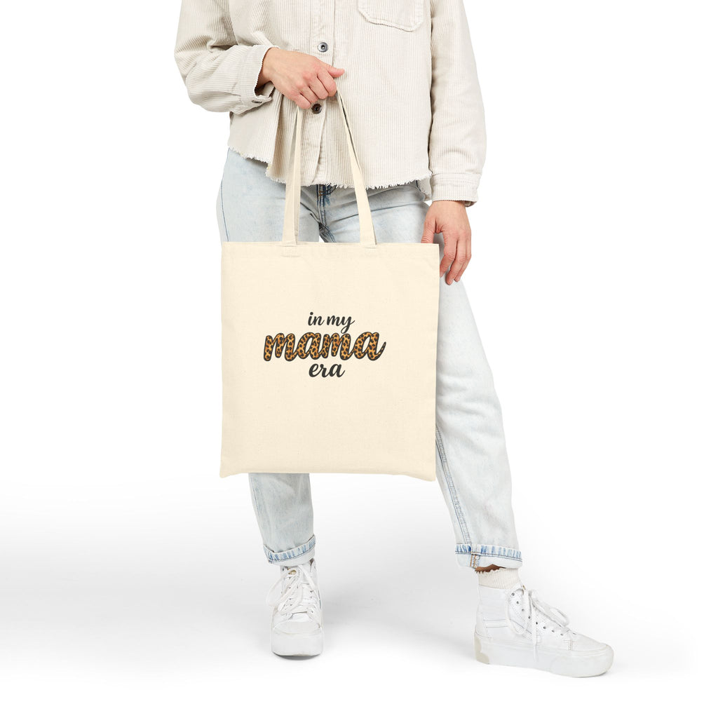 Mama Era Leopard Script Cotton Tote Bag — "in my mama era" Canvas Grocery & Everyday Tote