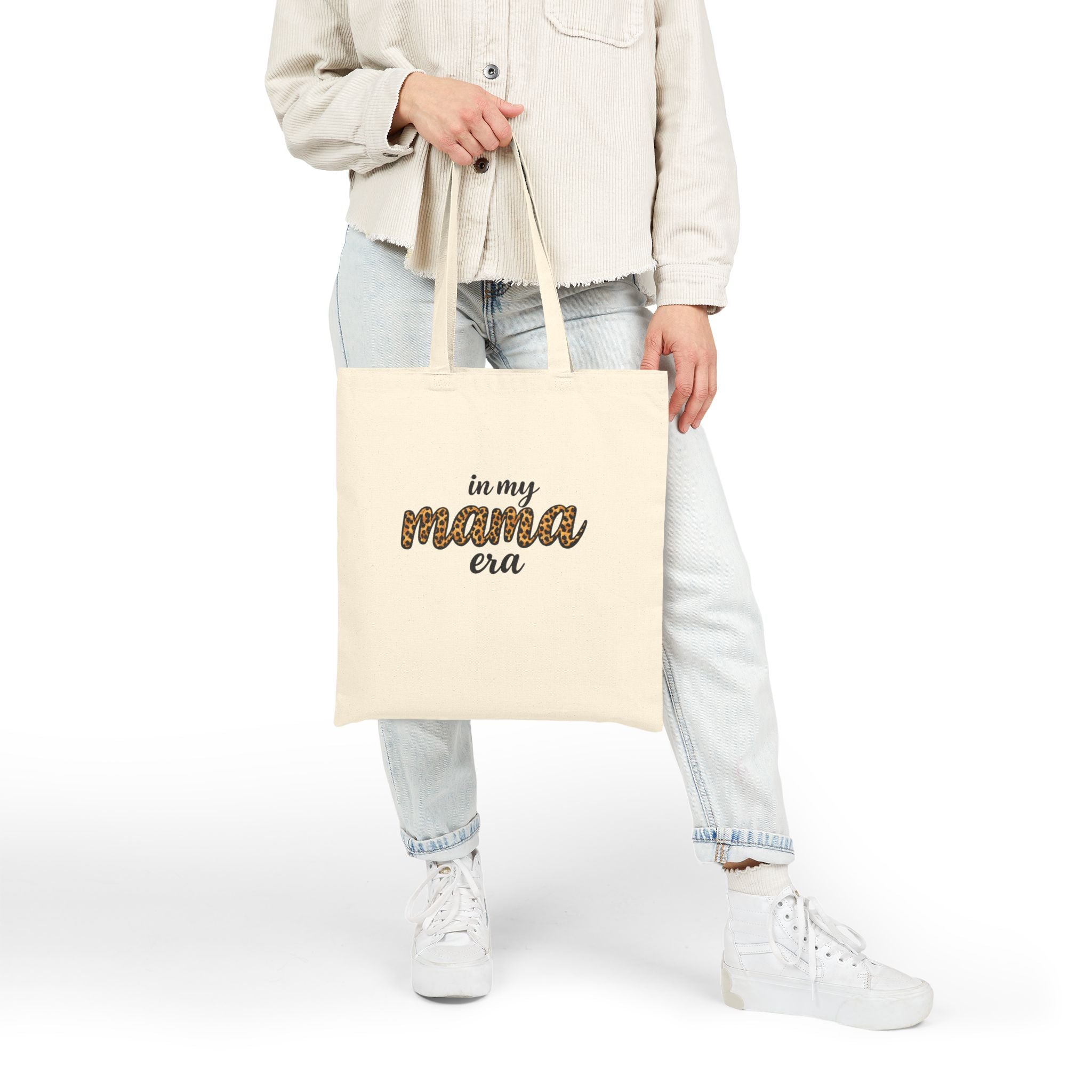 Mama Era Leopard Script Cotton Tote Bag — "in my mama era" Canvas Grocery & Everyday Tote