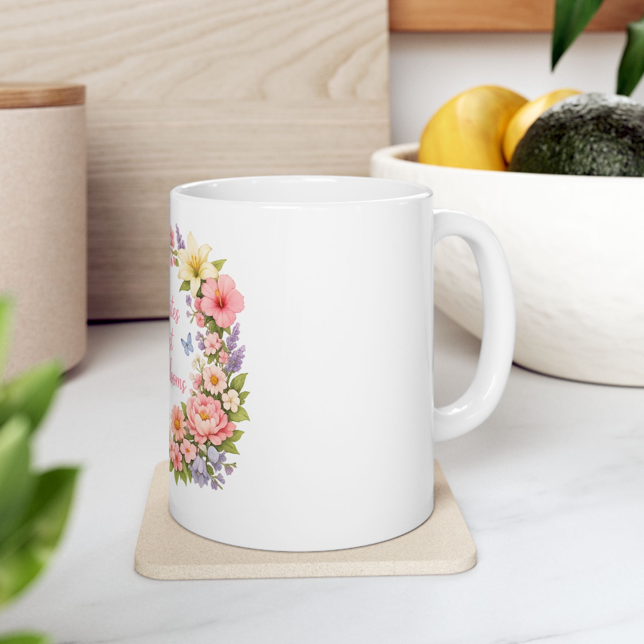 Floral Inspirational Mug — "Rain Creates the Most Beautiful Blooms" Ceramic Coffee Cup (11oz/15oz)