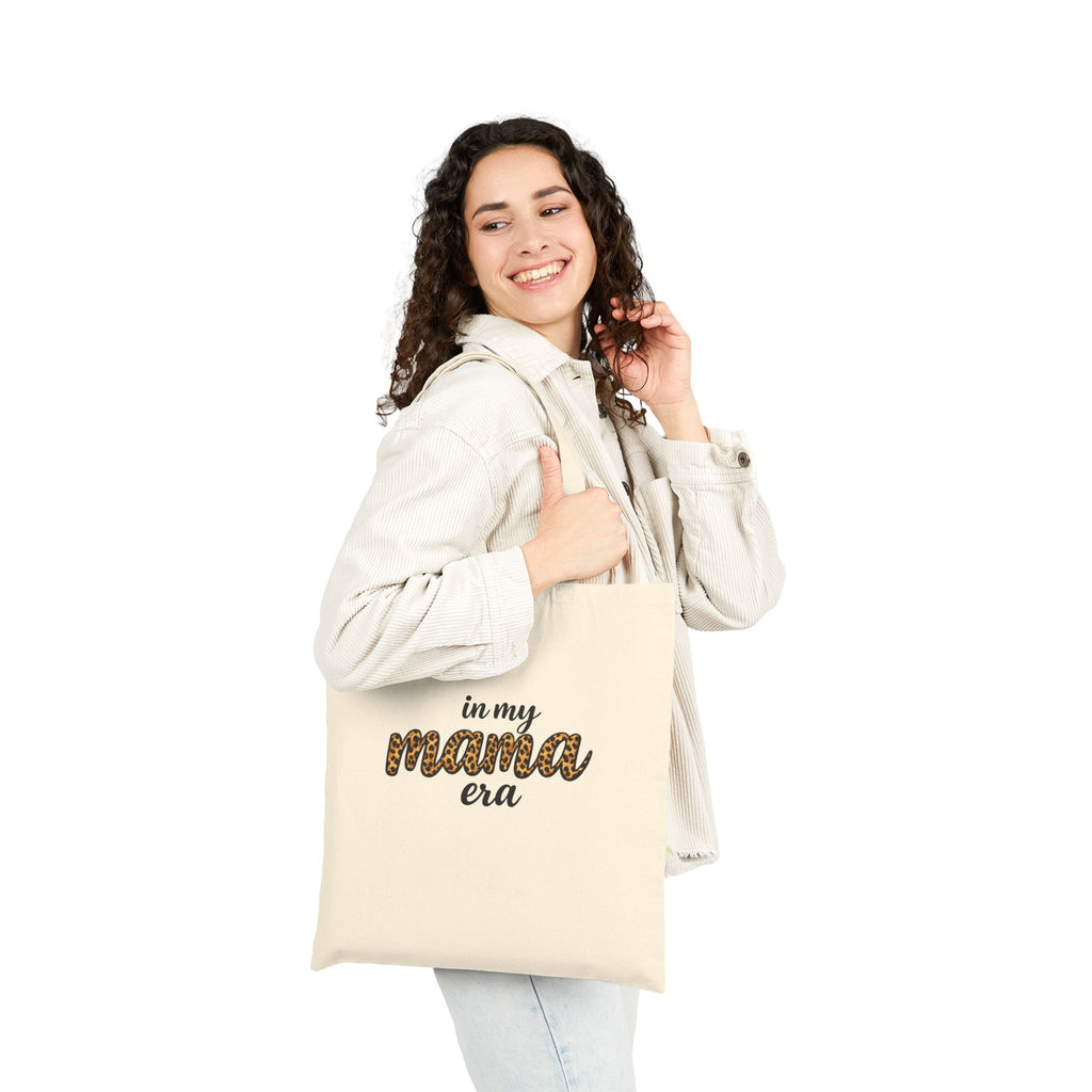 Mama Era Leopard Script Cotton Tote Bag — "in my mama era" Canvas Grocery & Everyday Tote